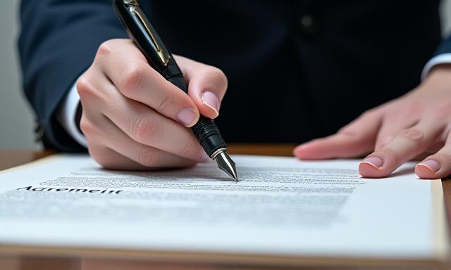 Close-up of a legal professional reviewing a contract for precision
