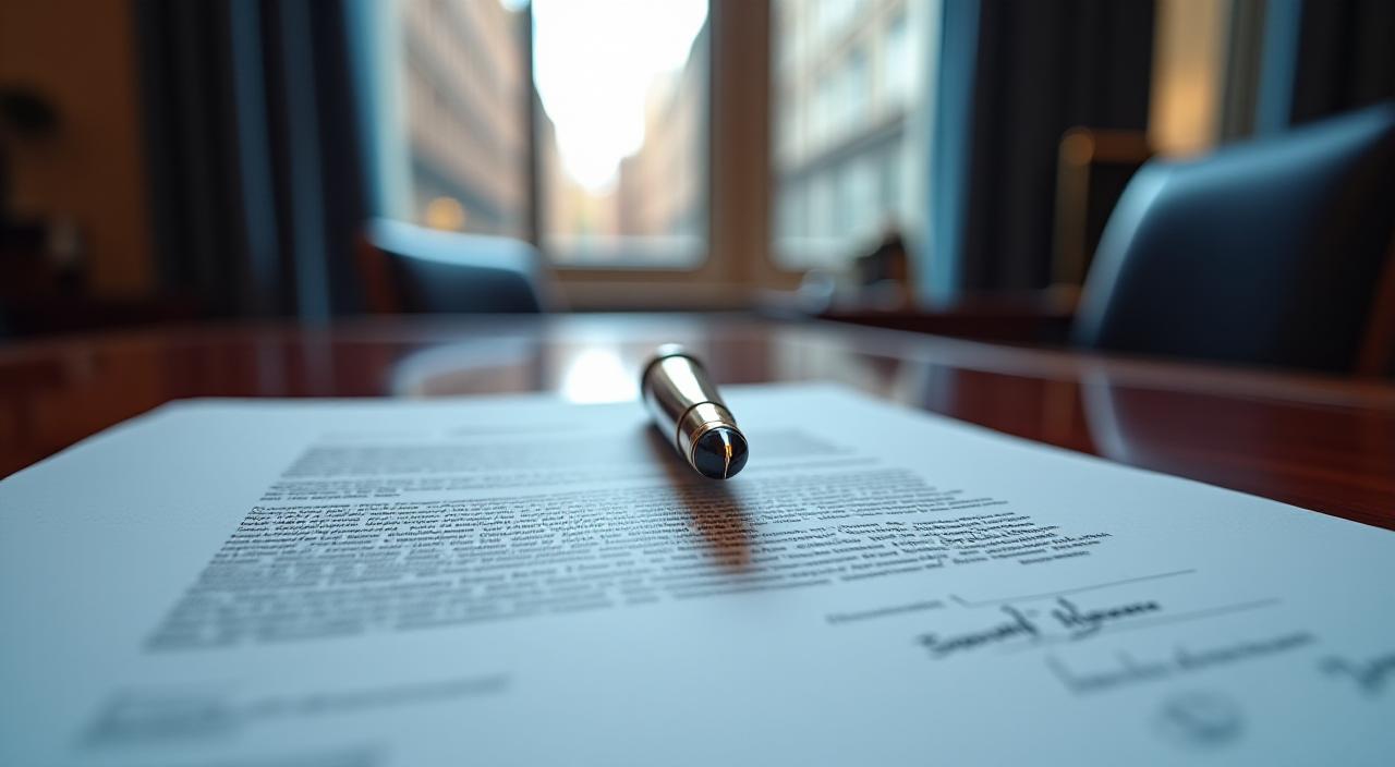 A professional desk setup in a London law office with a fountain pen and a legal contract